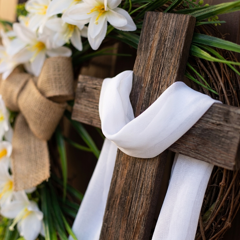 Close-up of weathered wooden cross with white sash