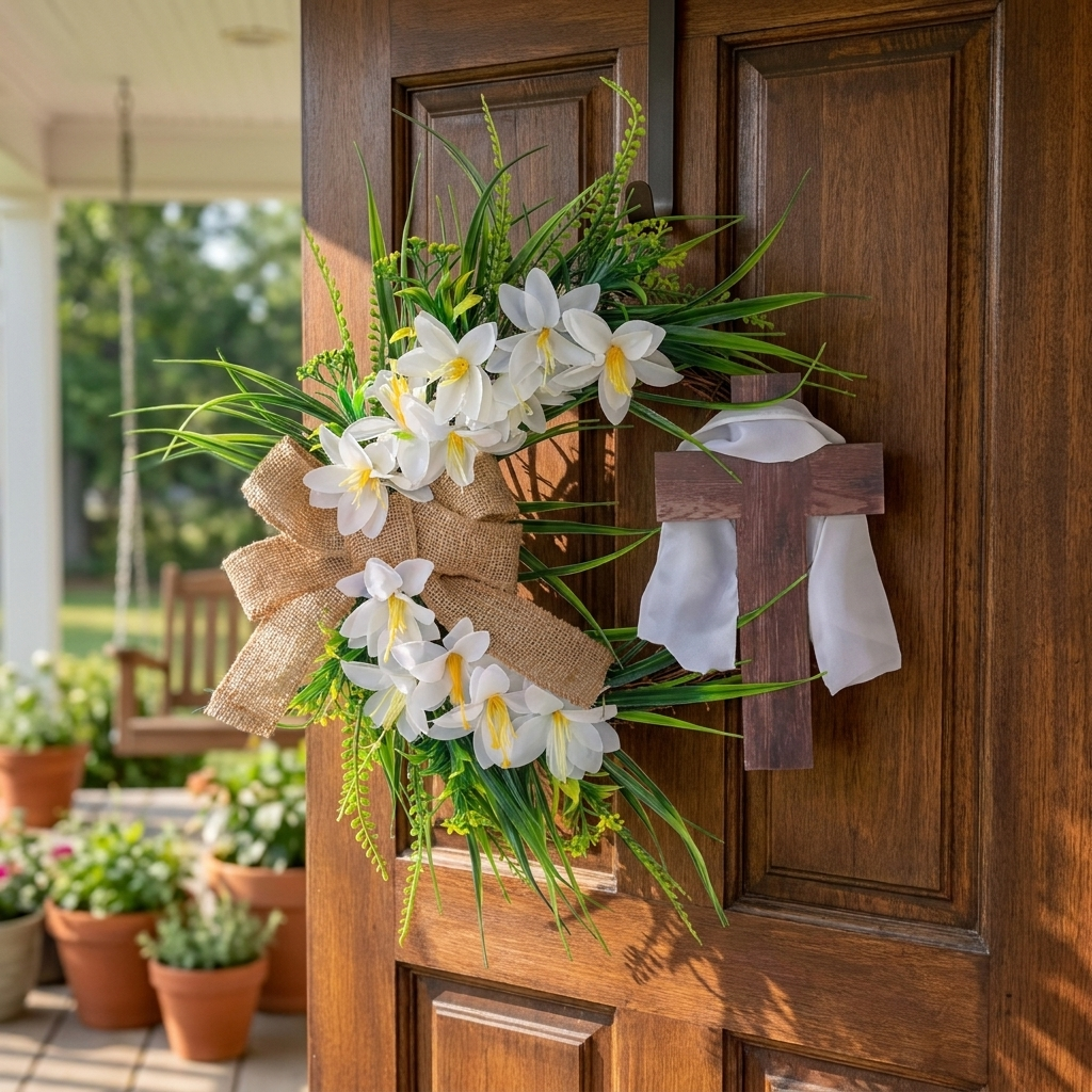 Christian wreath hanging on a front door