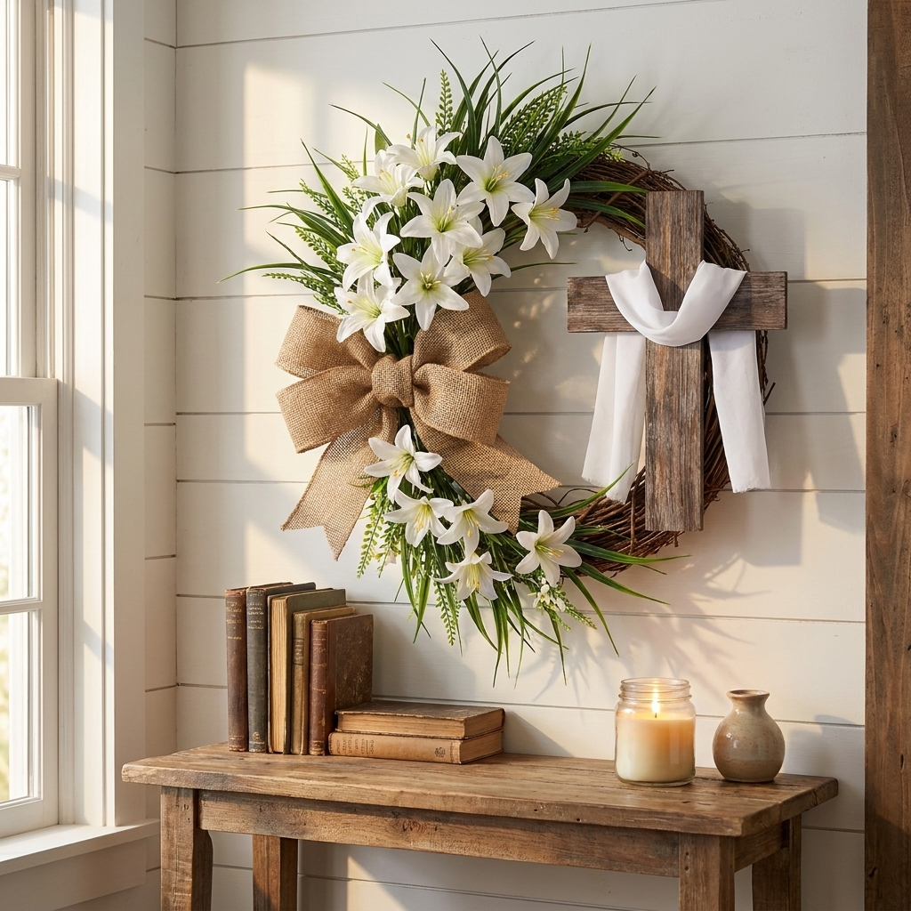 Christian wreath on entryway wall above console table