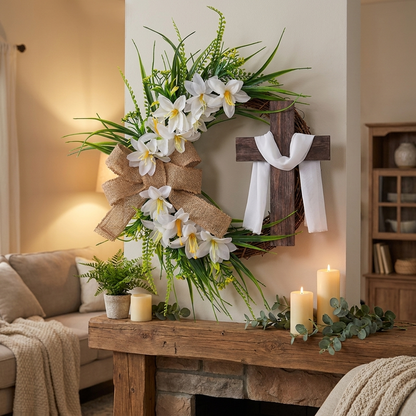 Christian wreath above fireplace mantel