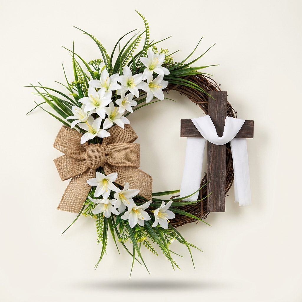 Michelles handmade Christian wreath with wooden cross, white lilies and burlap bow