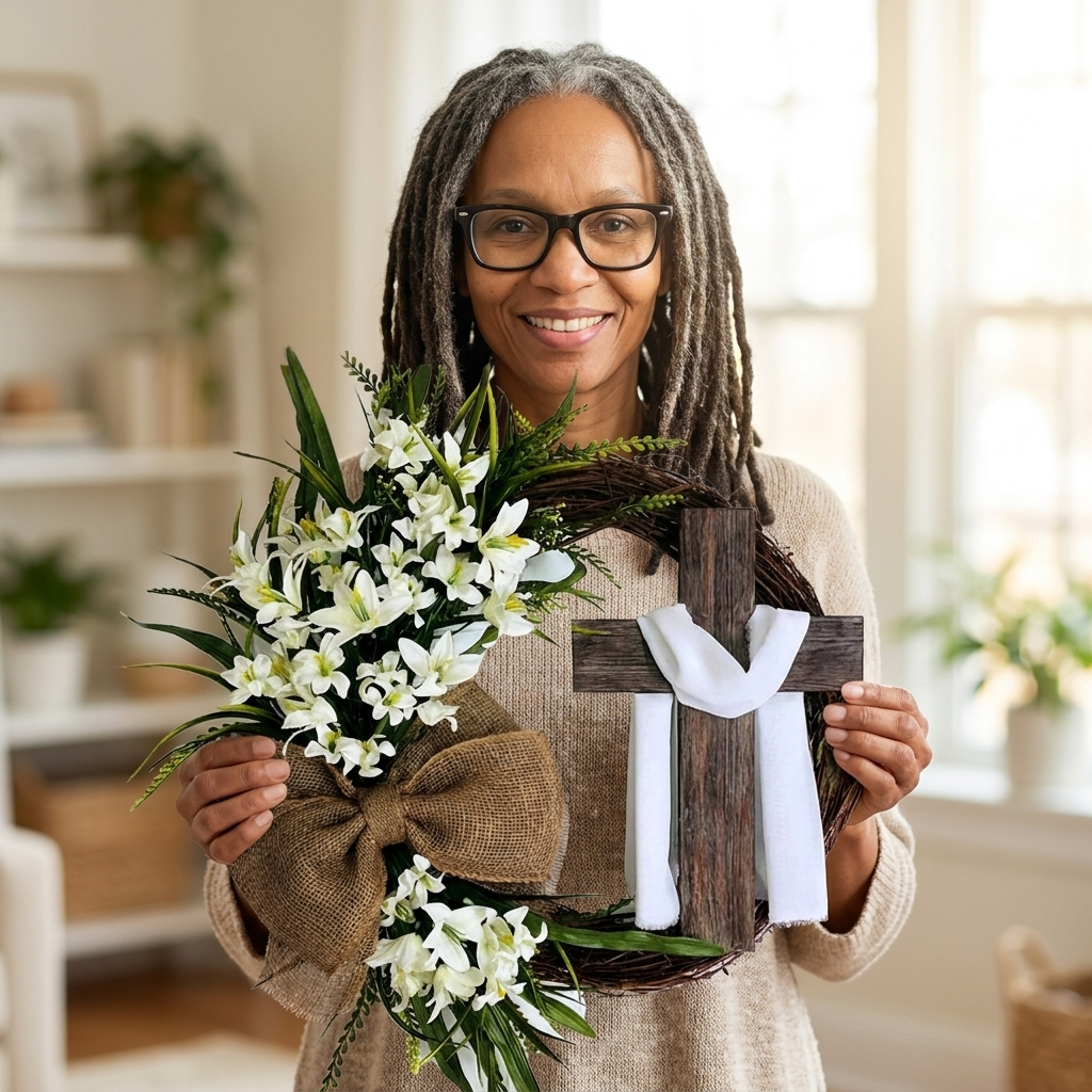 Michelle holding her handmade Christian wreath